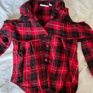 Red Flannel Ruffle No Shoulder Buttonup